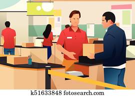 Man Shipping a Box in Store Illustration Man Shipping a Box in Store Illustration