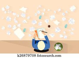 zakenman, pen, schrijf, verfrommeld, papieren, ongeveer, probleem, concept