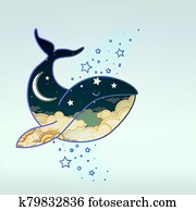 Double exposition of whale on night sky with stars, clouds and moon. Double exposition of whale on night sky with stars, clouds and moon.