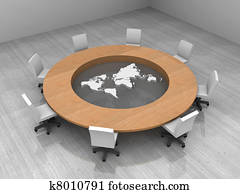 illustration of a conference room with a round table and world map illustration of a conference room with a round table and world map