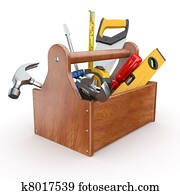 Toolbox with tools. Skrewdriver, hammer, handsaw and wrench Toolbox with tools. Skrewdriver, hammer, handsaw and wrench