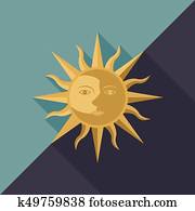 Combination of sun, moon and star with face, icon for use as day and night or equinox, flat design Combination of sun, moon and star with face, icon for use as day and night or equinox, flat design