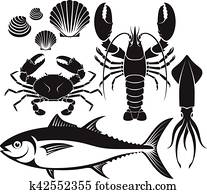 meeresfrüchte, silhouette, set., hummer, prawn,, crab,, thunfisch, fish,, schaltier, und, squid., vektor, illustrations. meeresfrüchte, silhouette, set., hummer, prawn,, crab,, thunfisch, fish,, schaltier, und, squid., vektor, illustrations.