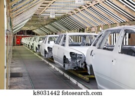 carros, uma fileira, em, fábrica carro