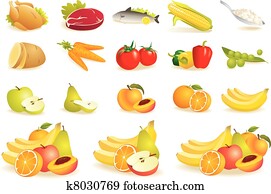 Fruit, vegetables, meat, corn icons Fruit, vegetables, meat, corn icons