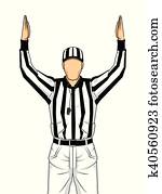 futebol americano, árbitro, com, ambos, mãos cima, como, um, touchdown, vetorial