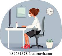 Woman Working in the Office Wearing Medical Face Mask