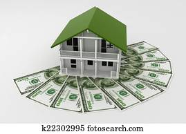 3d house on Pile of money. Conception of growth of mortgage credit 3d house on Pile of money. Conception of growth of mortgage credit