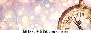 ano novo, 2019, -, meia-noite, com, relógio, e, fogos artifício