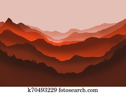 Digital illustration of mountains and trees in red glow Digital illustration of mountains and trees in red glow
