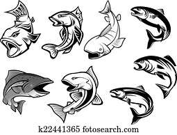 karikatur, salmons, fische, satz karikatur, salmons, fische, satz