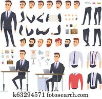 Manager creation kit. Businessman office person arms hands clothes and items vector male character animation project Manager creation kit. Businessman office person arms hands clothes and items vector male character animation project