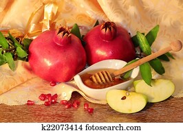 rosh hashanah, símbolos, -, mel, maçãs, e, romã
