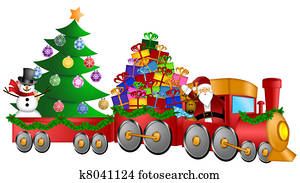 Santa Reindeer Snowman in Train with Gifts and Christmas Tree Santa Reindeer Snowman in Train with Gifts and Christmas Tree