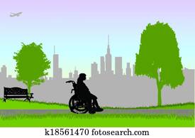 vrouw, in, een, wheelchair, -, gang in het park