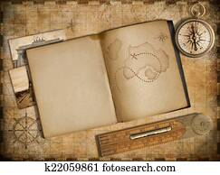 Adventure and travel concept. Vintage map, copybook and compass Adventure and travel concept. Vintage map, copybook and compass