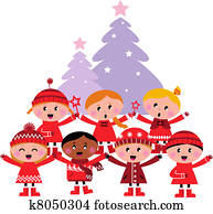 Cute multicultural caroling Children, christmas Tree Cute multicultural caroling Children, christmas Tree