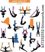 flyg, yoga, svart, vit, ikon, sätta