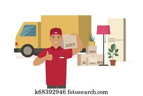 Moving House. Delivery man with cardboard boxes Moving House. Delivery man with cardboard boxes