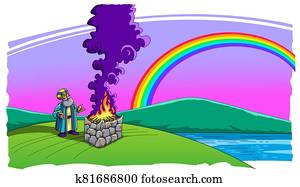 Noah made a sacrifice after the flood and a rainbow in the sky Noah made a sacrifice after the flood and a rainbow in the sky
