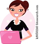 Office brunette woman with pink Laptop isolated on white