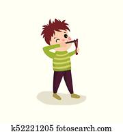 pequeno, hellion, menino, avistar, disparar, de, slingshot, criança, comportamento mau, conceito