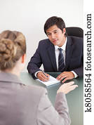 portrait, de, a, sourire, directeur, interviewer, a, femme, candidat