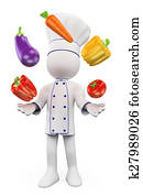 3d, לבן, אנשים., טבח, להטט, עם, ירקות