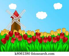 Dutch Windmill in Tulips Field Farm Illustration Dutch Windmill in Tulips Field Farm Illustration