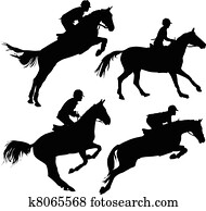 pular, cavalos, com, cavaleiros