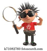 Studious punk rocker looks at things through a magnifying glass, 3d illustration Studious punk rocker looks at things through a magnifying glass, 3d illustration