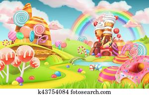 Sweet candy land. Cartoon game background. 3d illustration Sweet candy land. Cartoon game background. 3d illustration