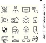 סייבר, security,, נתונים, protection,, האקר, ו, malware, קו, איקונים