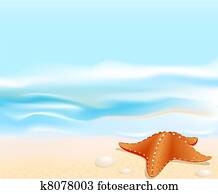 Marine landscape with a sea star (starfish), beach, sea and rocks Marine landscape with a sea star (starfish), beach, sea and rocks