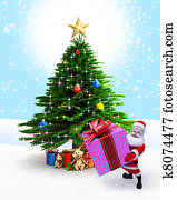 Santa with Gift and christmas tree.