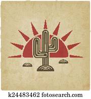 Desert cactus at sunset old background Desert cactus at sunset old background