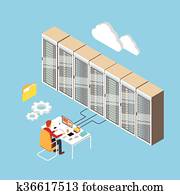 mann, arbeitende, daten zentrieren, technische, zimmer, Hosting, server, datenbank, 3d, isometrisch mann, arbeitende, daten zentrieren, technische, zimmer, Hosting, server, datenbank, 3d, isometrisch