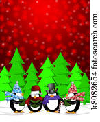 Penguins Carolers Singing with Red Winter Scene Illustration Penguins Carolers Singing with Red Winter Scene Illustration