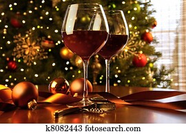 Red wine on table Christmas tree Red wine on table Christmas tree