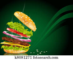 steaming hamburger with cheese, onion and rissole on a green background steaming hamburger with cheese, onion and rissole on a green background