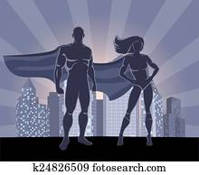 superhero, und, weiblich, superhero, silhouetten superhero, und, weiblich, superhero, silhouetten