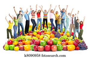 Group of happy people with fruits.