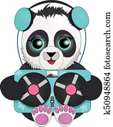 פנדה, עם, אזניות, להקשיב, ל, בציר, הקלט, recorder., ציור היתולי, character.