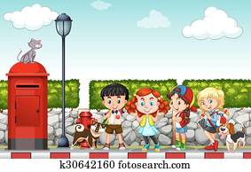 Children hanging out at the side walk