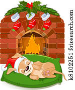 Christmas puppy near fireplace Christmas puppy near fireplace
