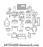 fresco, casa, ícones, jogo, esboço, estilo