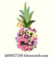 Pineapple with Hawaiian flowers, exotic fruit, isolated on a white Pineapple with Hawaiian flowers, exotic fruit, isolated on a white
