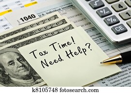 Tax forms with pen, calculator and money.