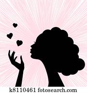 beautiful woman face silhouette with heart kiss beautiful woman face silhouette with heart kiss