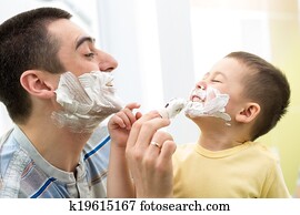 brincalhão, pai, e, seu, filho, raspar, e, tendo divertimento, em, banheiro